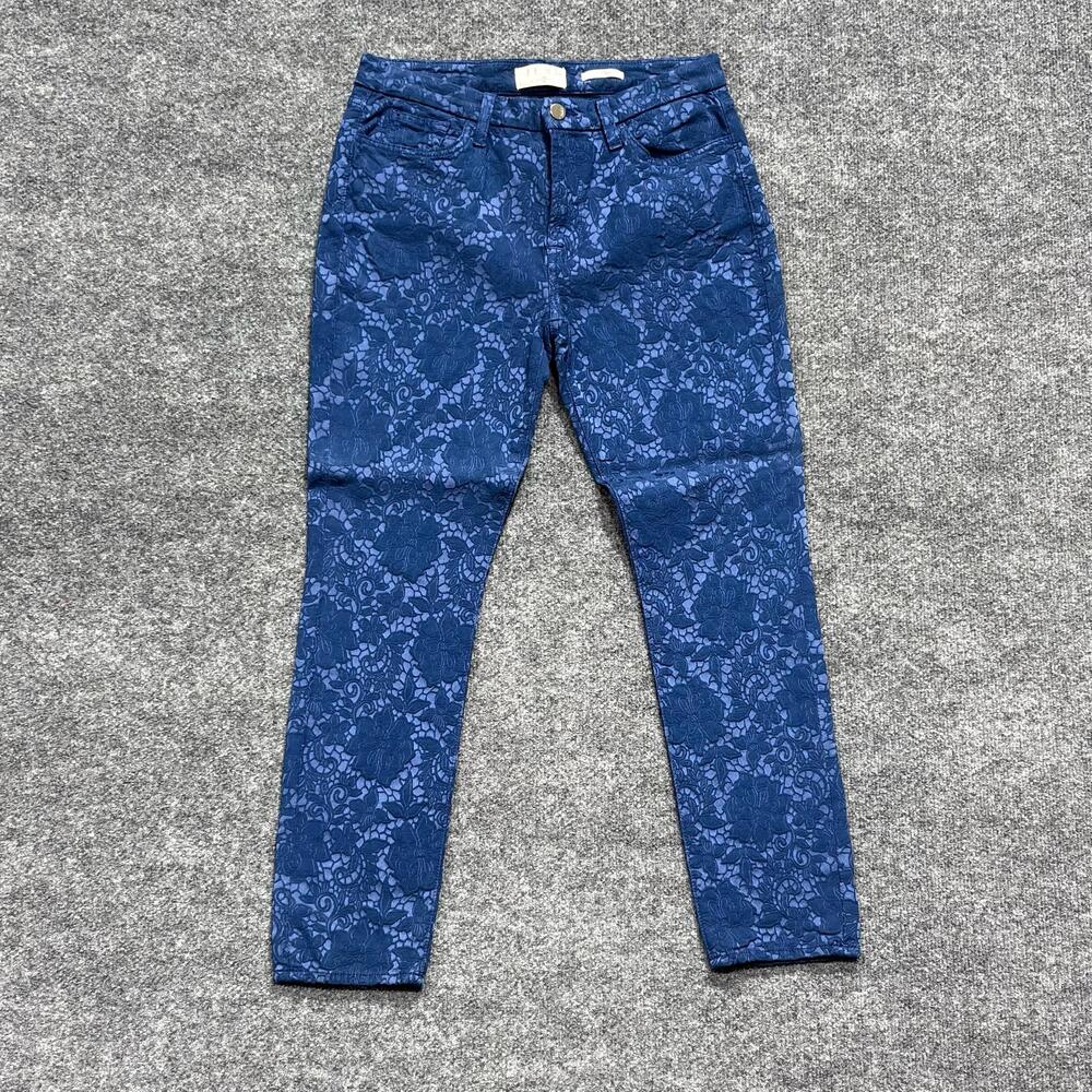 JEN7 Ankle Skinny Jeans Womens 6 Dark Blue Jacquard Floral Stretch Denim Pants